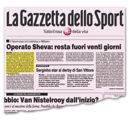 Gazzetta dello Sport sull'operazione rinoplastica di Shevchenko